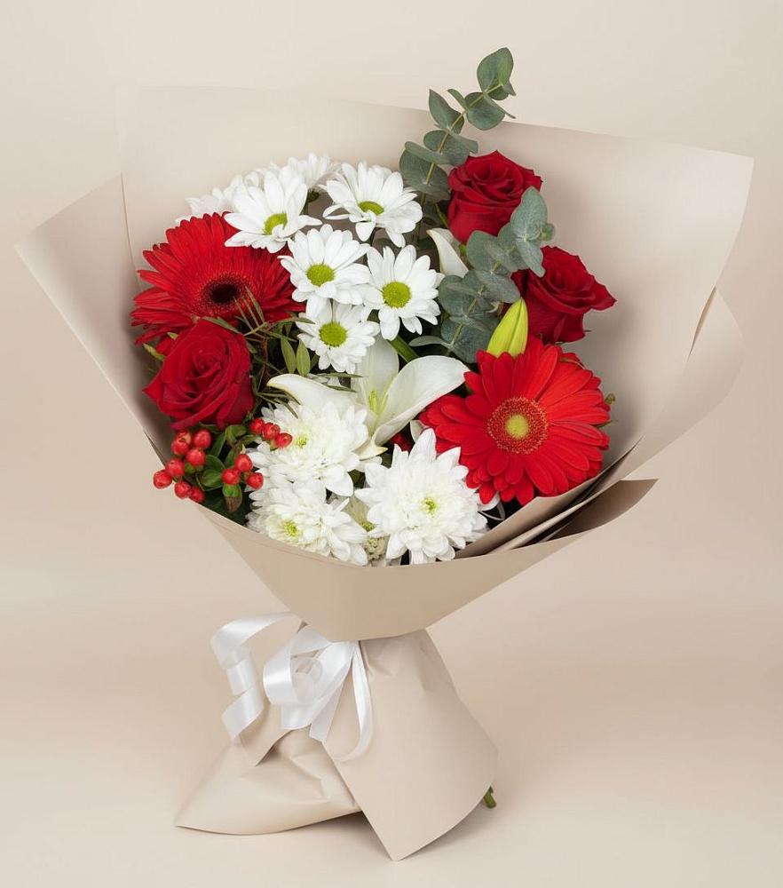 Букет цветов из: Розы, Хризантемы, Герберы и Лилии в Бутурлиновке